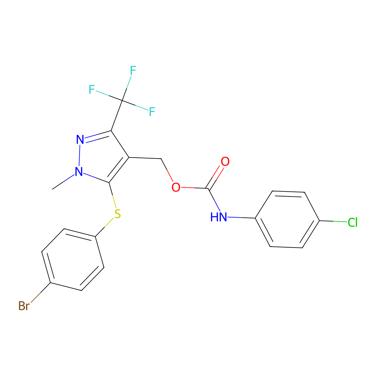 [5-[(4-bromophenyl)sulfanyl]-1-methyl-3-(trifluoromethyl)-1H-pyrazol-4-yl]methyl N-(4-chlorophenyl)carbamate molecular structure, CAS 318239-62-2
