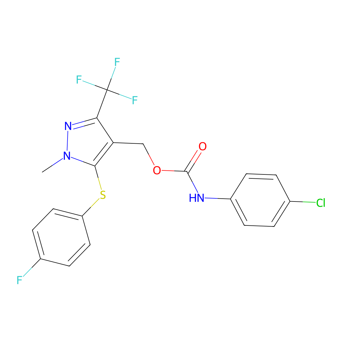 [5-[(4-fluorophenyl)sulfanyl]-1-methyl-3-(trifluoromethyl)-1H-pyrazol-4-yl]methyl N-(4-chlorophenyl)carbamate molecular structure, CAS 318239-66-6