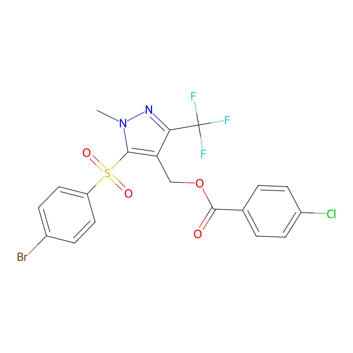 [5-[(4-bromophenyl)sulfonyl]-1-methyl-3-(trifluoromethyl)-1H-pyrazol-4-yl]methyl 4-chlorobenzenecarboxylate molecular structure, CAS 318239-68-8