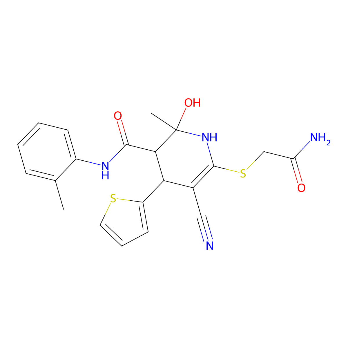 6-((2-amino-2-oxoethyl)thio)-5-cyano-2-hydroxy-2-methyl-4-(thiophen-2-yl)-N-(o-tolyl)-1,2,3,4-tetrahydropyridine-3-carboxamide molecular structure, CAS 318245-73-7