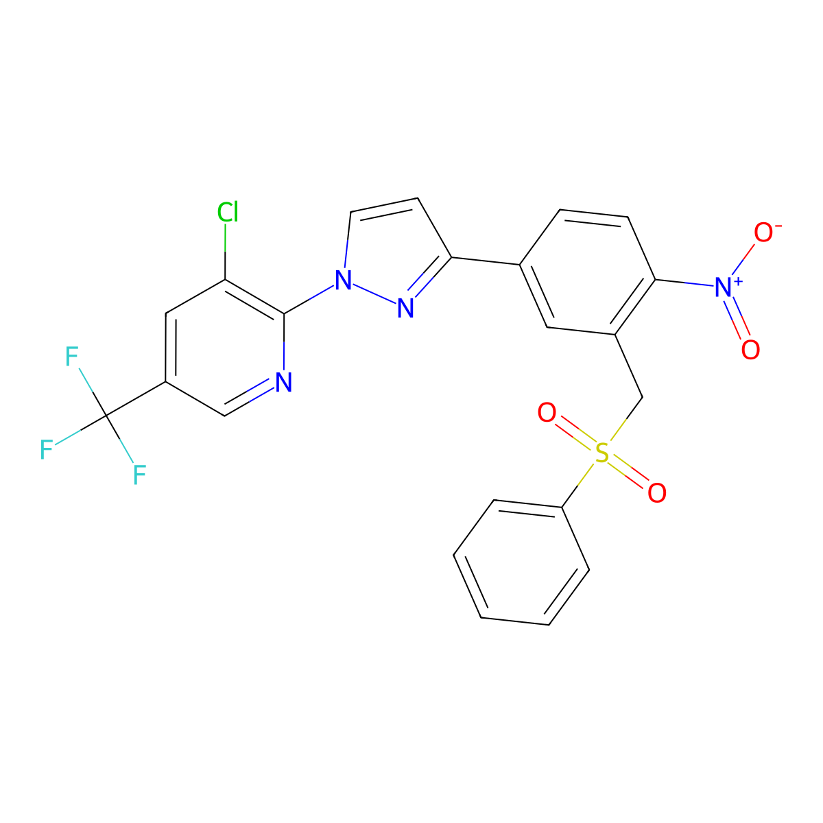 3-Chloro-2-(3-(4-nitro-3-((phenylsulfonyl)methyl)phenyl)-1H-pyrazol-1-yl)-5-(trifluoromethyl)pyridine molecular structure, CAS 318247-40-4