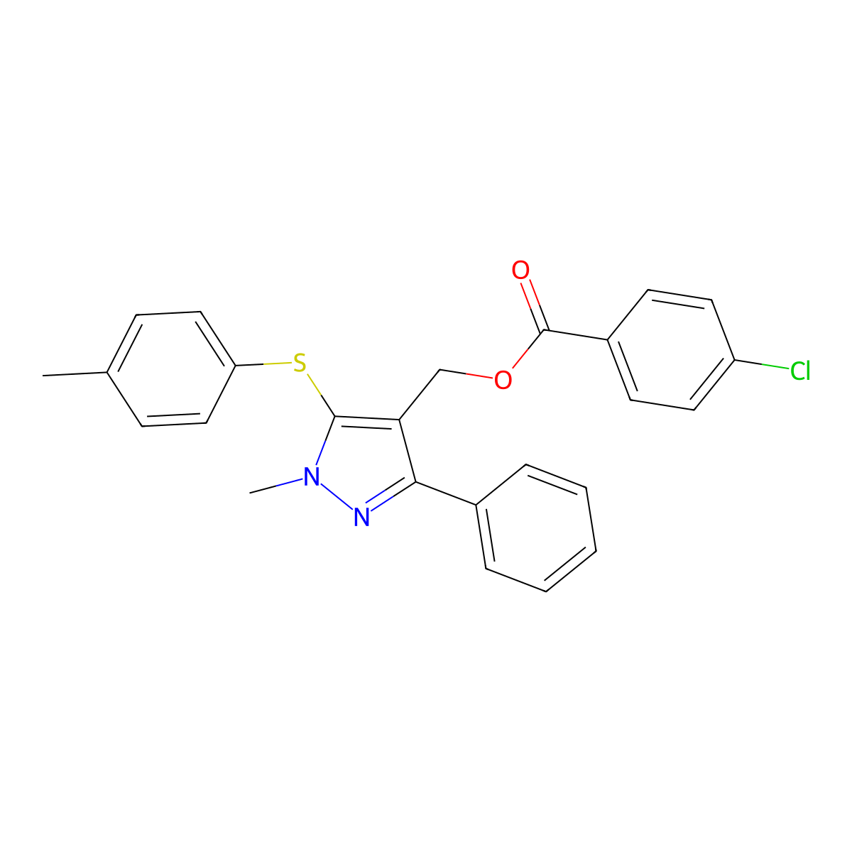 {1-methyl-5-[(4-methylphenyl)sulfanyl]-3-phenyl-1H-pyrazol-4-yl}methyl 4-chlorobenzenecarboxylate molecular structure, CAS 318247-41-5