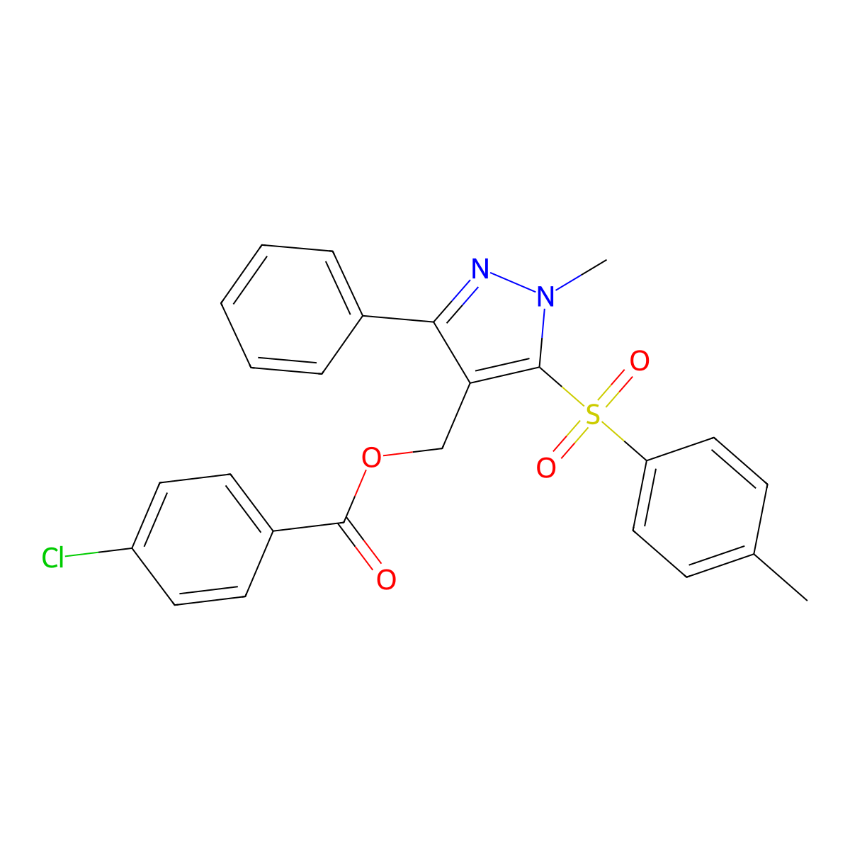 {1-methyl-5-[(4-methylphenyl)sulfonyl]-3-phenyl-1H-pyrazol-4-yl}methyl 4-chlorobenzenecarboxylate molecular structure, CAS 318247-42-6