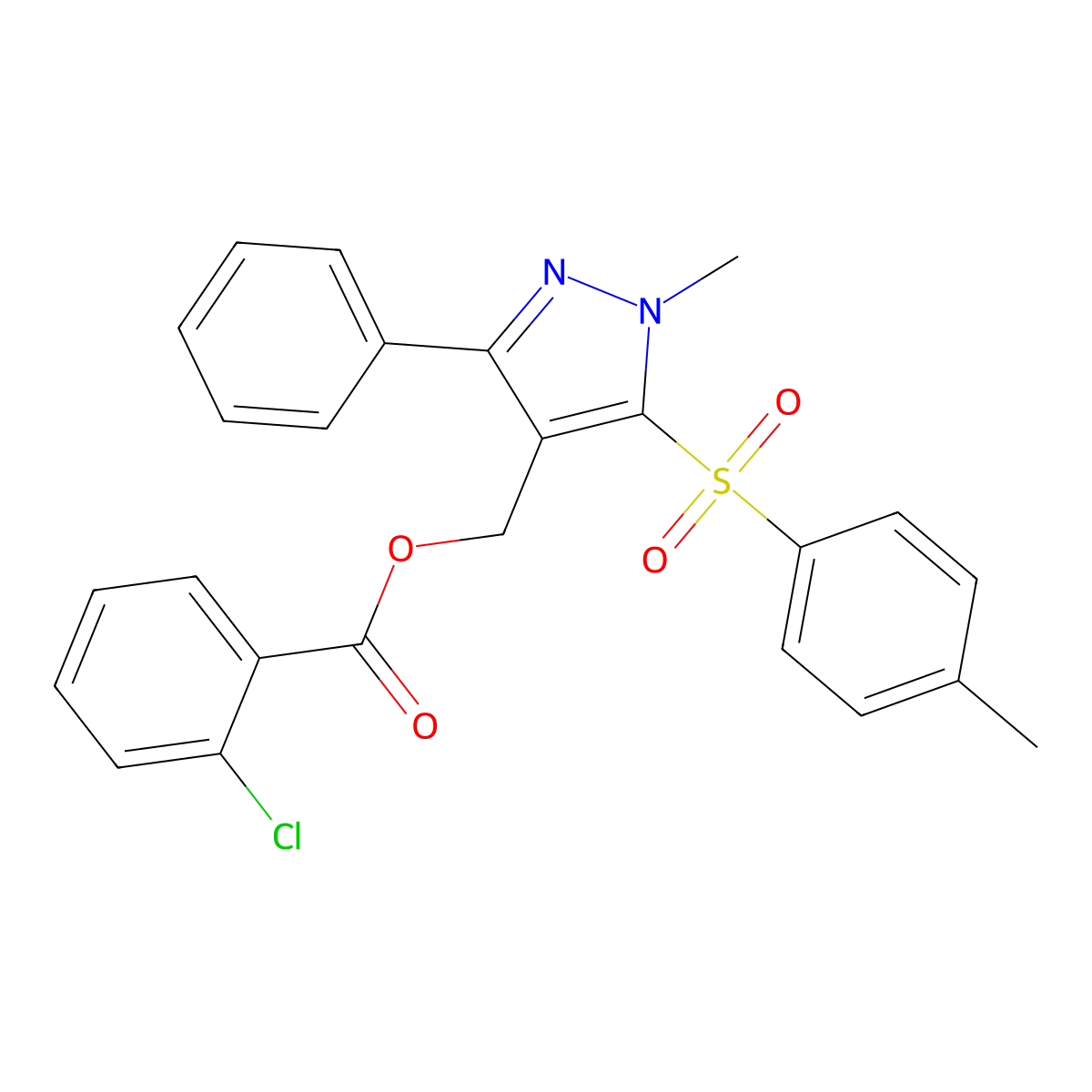 {1-methyl-5-[(4-methylphenyl)sulfonyl]-3-phenyl-1H-pyrazol-4-yl}methyl 2-chlorobenzenecarboxylate molecular structure, CAS 318247-48-2
