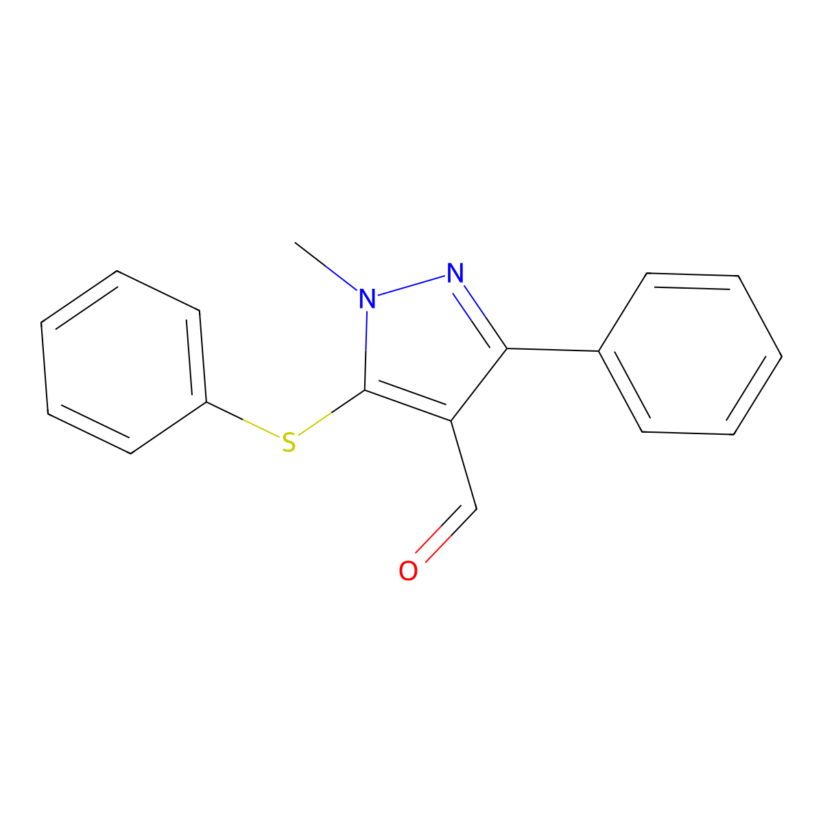 1-methyl-3-phenyl-5-(phenylsulfanyl)-1H-pyrazole-4-carbaldehyde molecular structure, CAS 318247-51-7
