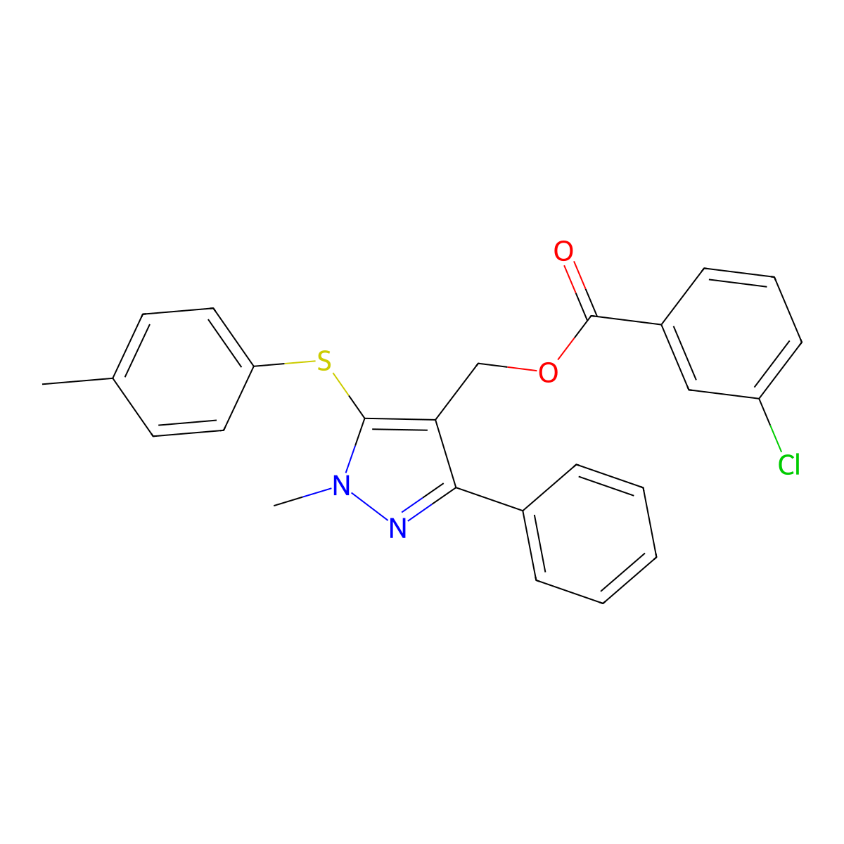 {1-methyl-5-[(4-methylphenyl)sulfanyl]-3-phenyl-1H-pyrazol-4-yl}methyl 3-chlorobenzenecarboxylate molecular structure, CAS 318247-61-9