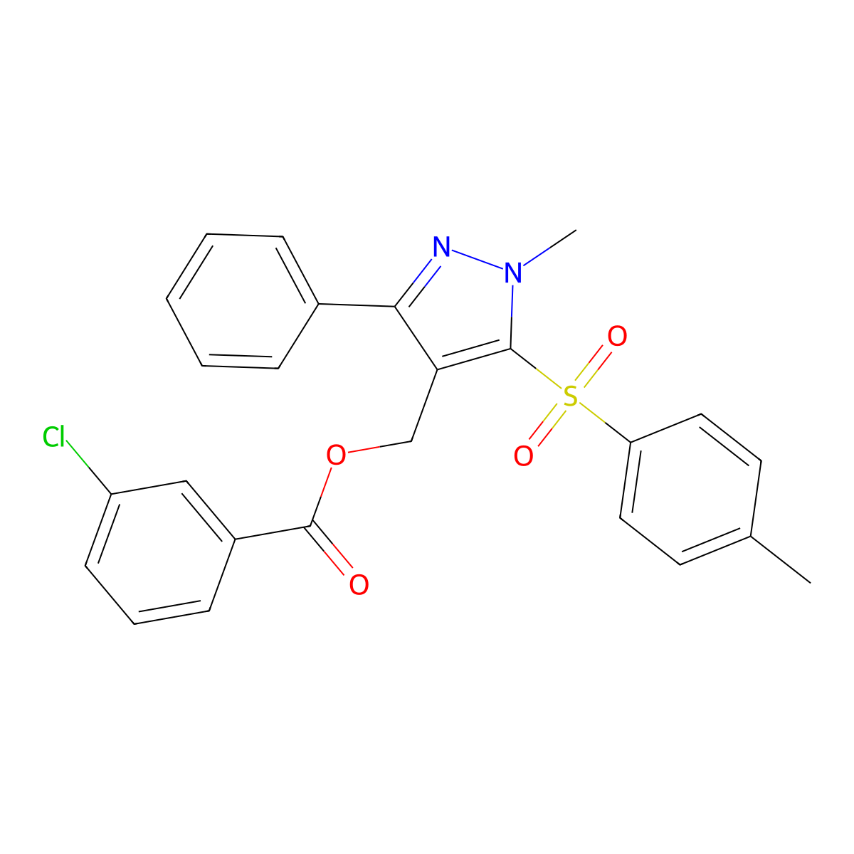 {1-methyl-5-[(4-methylphenyl)sulfonyl]-3-phenyl-1H-pyrazol-4-yl}methyl 3-chlorobenzenecarboxylate molecular structure, CAS 318247-62-0