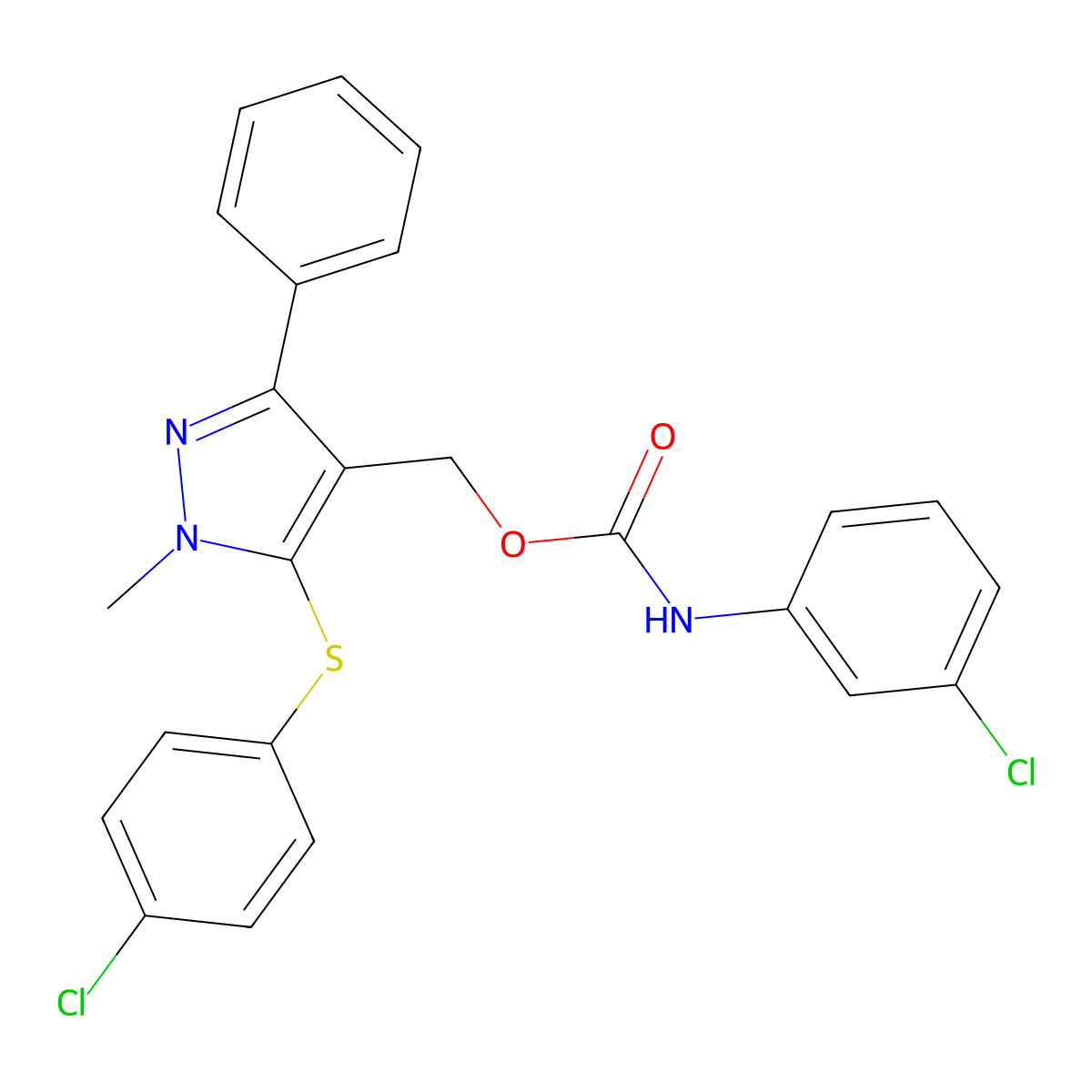 {5-[(4-chlorophenyl)sulfanyl]-1-methyl-3-phenyl-1H-pyrazol-4-yl}methyl N-(3-chlorophenyl)carbamate molecular structure, CAS 318248-31-6