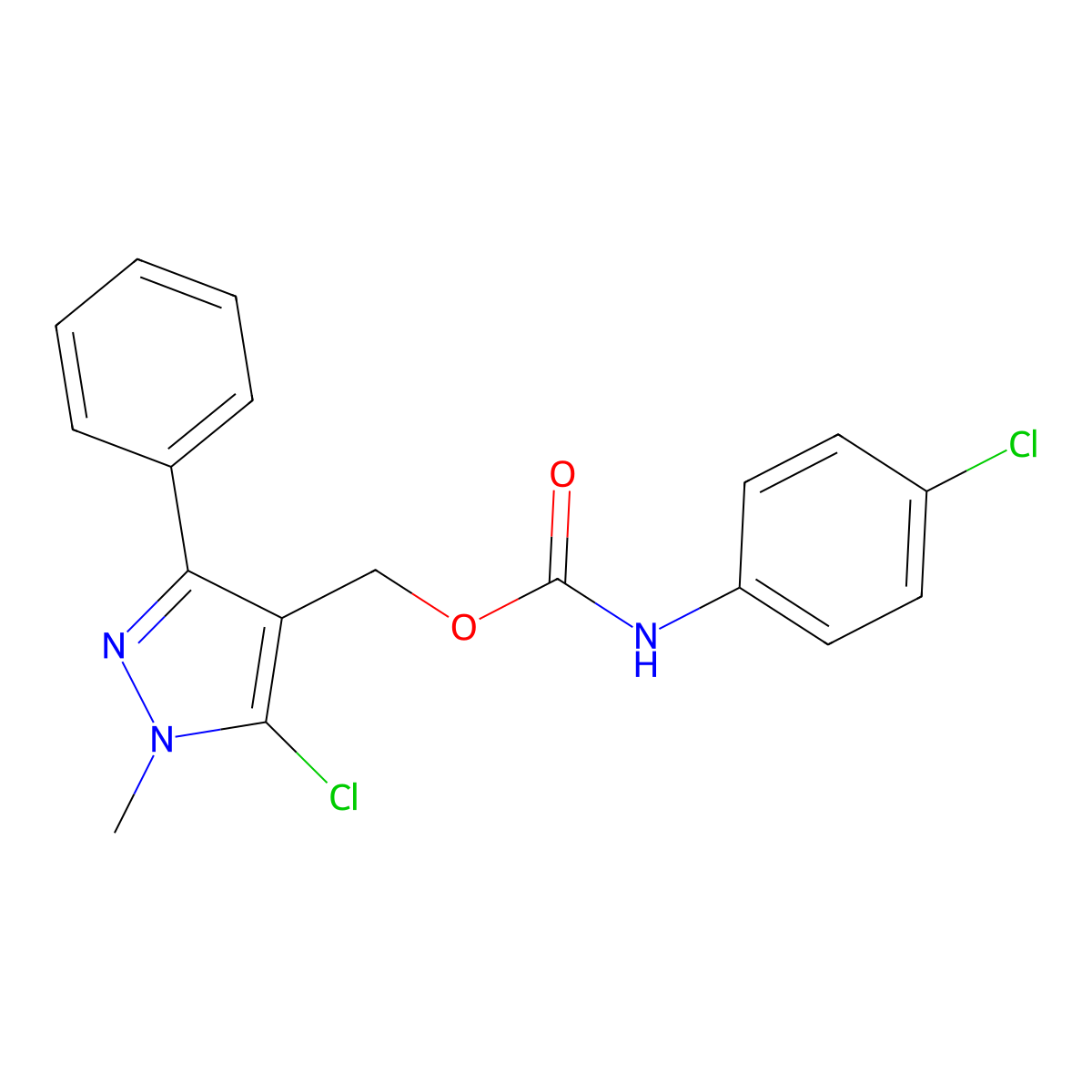 (5-chloro-1-methyl-3-phenyl-1H-pyrazol-4-yl)methyl N-(4-chlorophenyl)carbamate molecular structure, CAS 318248-37-2