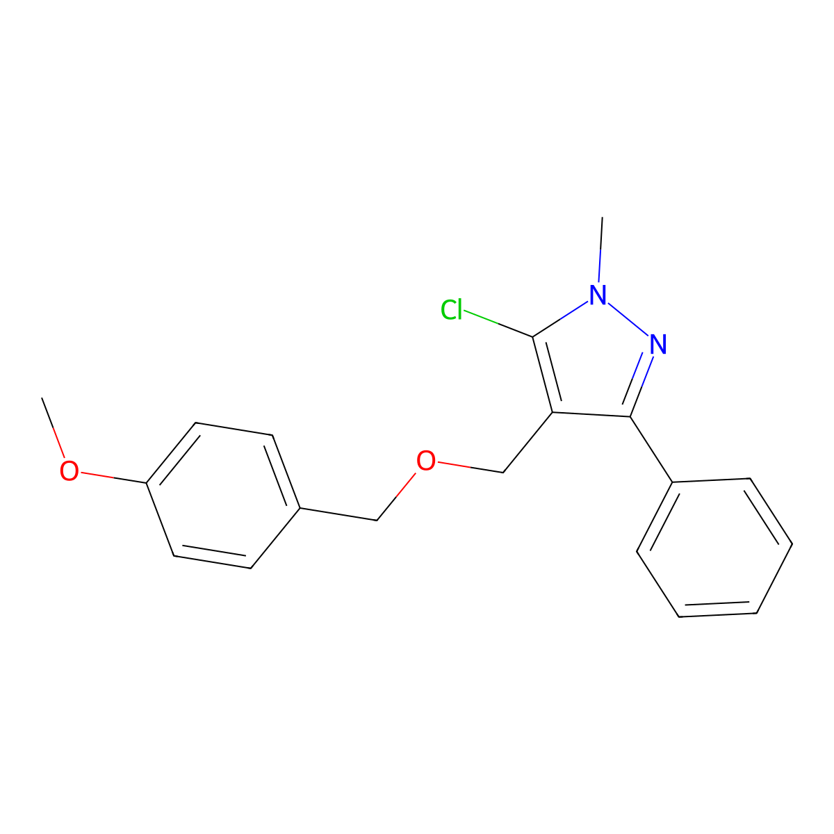 5-chloro-4-{[(4-methoxybenzyl)oxy]methyl}-1-methyl-3-phenyl-1H-pyrazole molecular structure, CAS 318248-46-3