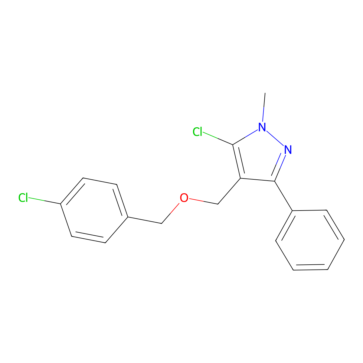 4-chlorobenzyl (5-chloro-1-methyl-3-phenyl-1H-pyrazol-4-yl)methyl ether molecular structure, CAS 318248-49-6