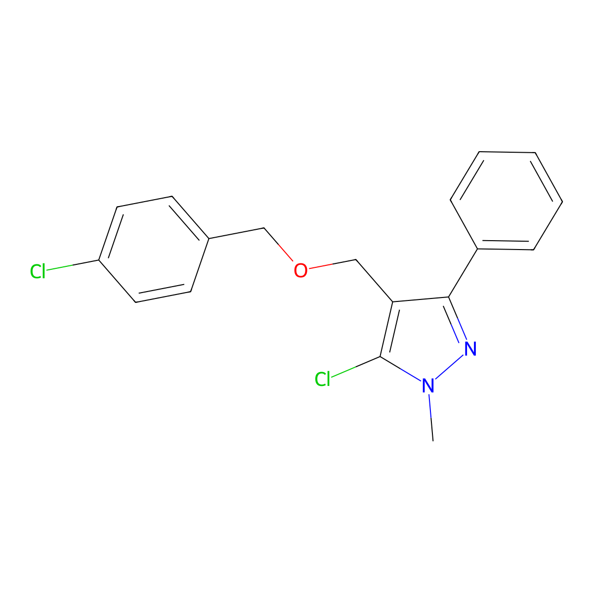 4-chlorobenzyl (5-chloro-1-methyl-3-phenyl-1H-pyrazol-4-yl)methyl ether molecular structure, CAS 318248-49-6