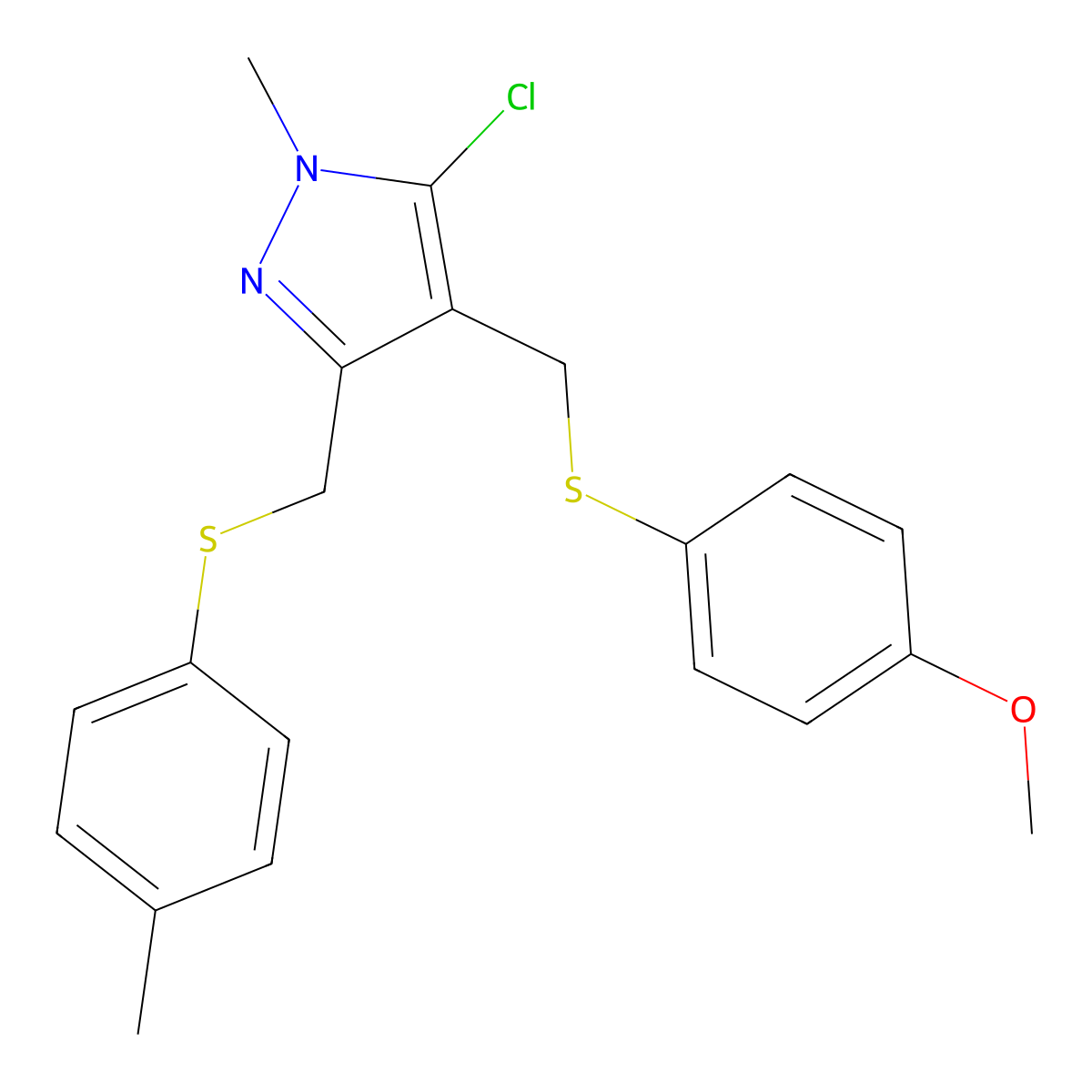 5-chloro-4-{[(4-methoxyphenyl)sulfanyl]methyl}-1-methyl-3-{[(4-methylphenyl)sulfanyl]methyl}-1H-pyrazole molecular structure, CAS 318248-63-4