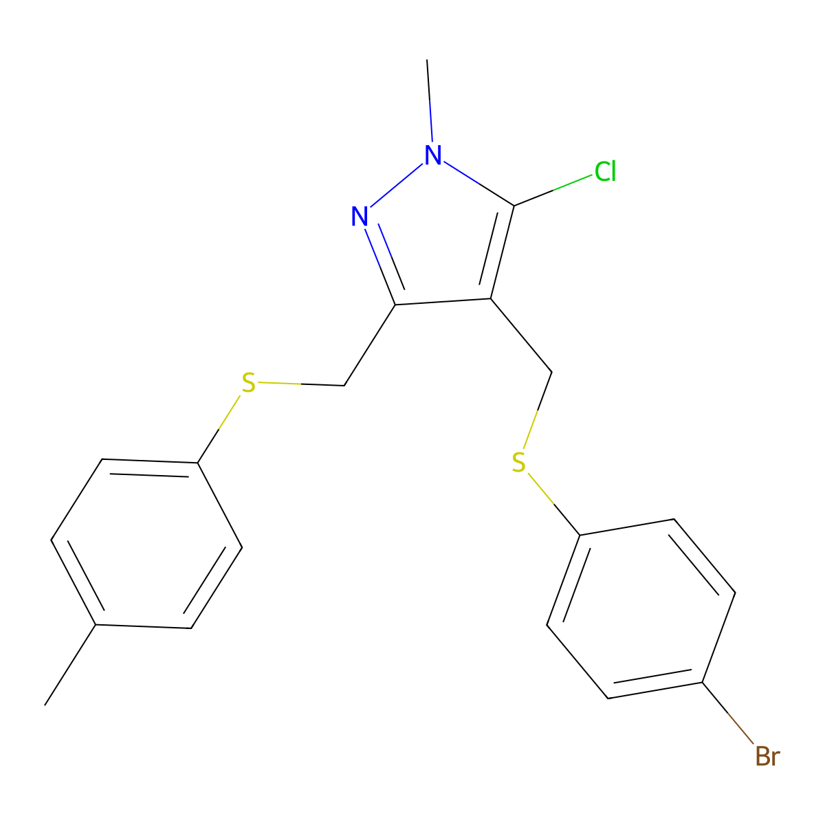 4-{[(4-bromophenyl)sulfanyl]methyl}-5-chloro-1-methyl-3-{[(4-methylphenyl)sulfanyl]methyl}-1H-pyrazole molecular structure, CAS 318248-64-5