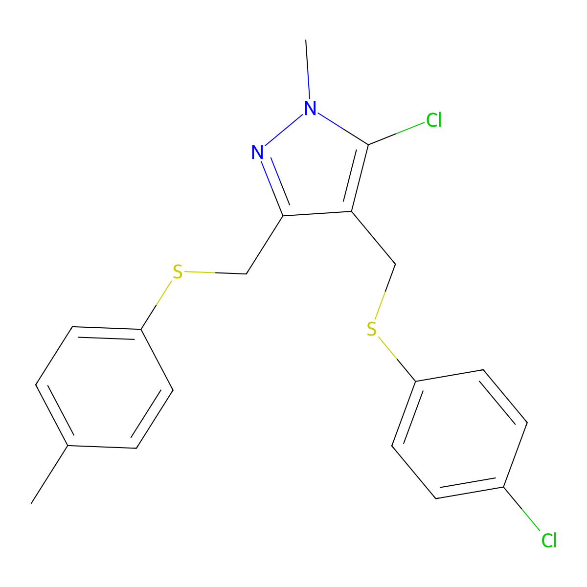 5-Chloro-4-[(4-chlorophenyl)sulfanylmethyl]-1-methyl-3-[(4-methylphenyl)sulfanylmethyl]pyrazole molecular structure, CAS 318248-65-6