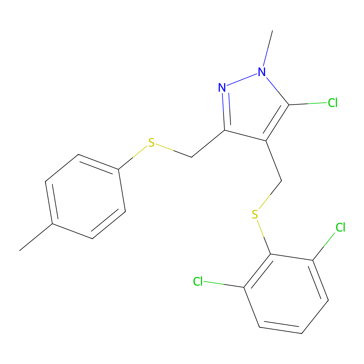 5-chloro-4-{[(2,6-dichlorophenyl)sulfanyl]methyl}-1-methyl-3-{[(4-methylphenyl)sulfanyl]methyl}-1H-pyrazole molecular structure, CAS 318248-67-8
