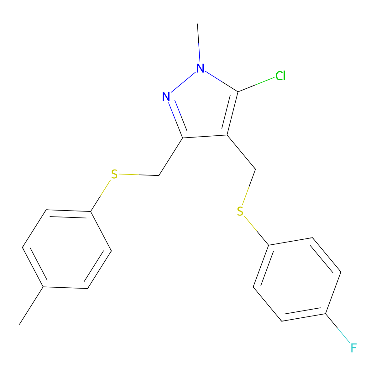 (5-chloro-4-{[(4-fluorophenyl)sulfanyl]methyl}-1-methyl-1H-pyrazol-3-yl)methyl 4-methylphenyl sulfide molecular structure, CAS 318248-70-3