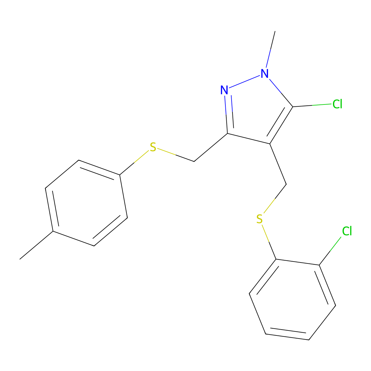5-Chloro-4-[(2-chlorophenyl)sulfanylmethyl]-1-methyl-3-[(4-methylphenyl)sulfanylmethyl]pyrazole molecular structure, CAS 318248-71-4