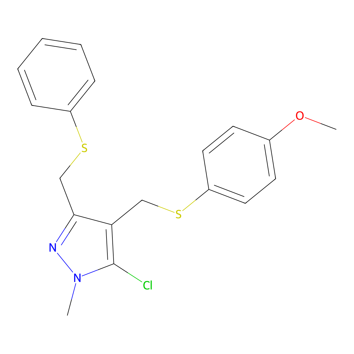 5-chloro-4-{[(4-methoxyphenyl)sulfanyl]methyl}-1-methyl-3-[(phenylsulfanyl)methyl]-1H-pyrazole molecular structure, CAS 318248-74-7