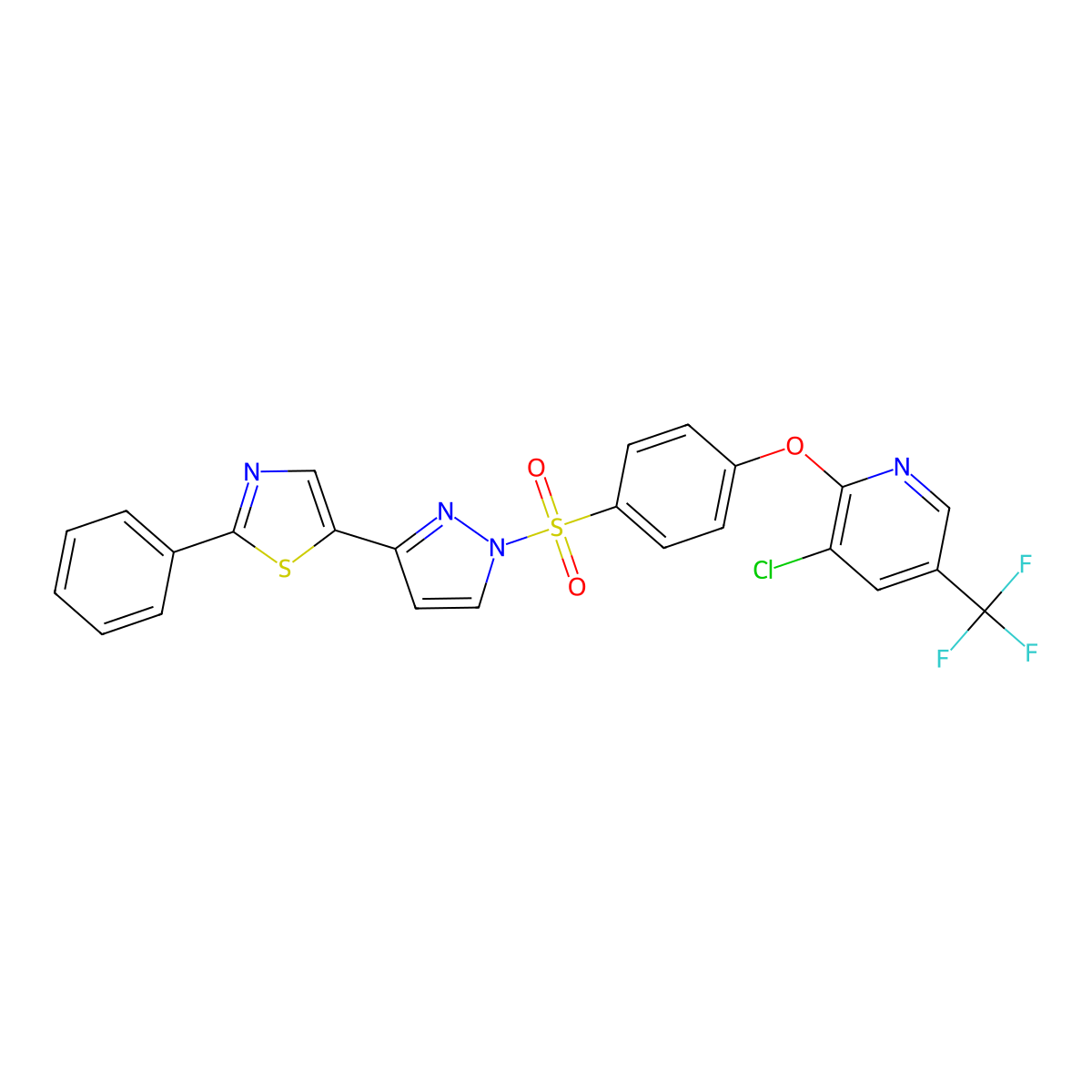 3-Chloro-2-(4-((3-(2-phenyl-1,3-thiazol-5-yl)-1H-pyrazol-1-yl)sulfonyl)phenoxy)-5-(trifluoromethyl)pyridine molecular structure, CAS 318255-89-9