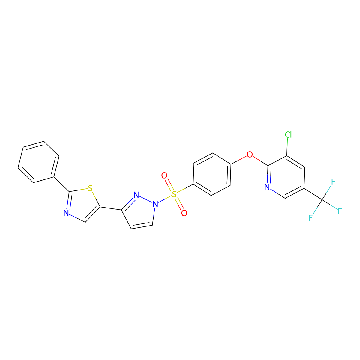 3-Chloro-2-(4-((3-(2-phenyl-1,3-thiazol-5-yl)-1H-pyrazol-1-yl)sulfonyl)phenoxy)-5-(trifluoromethyl)pyridine molecular structure, CAS 318255-89-9