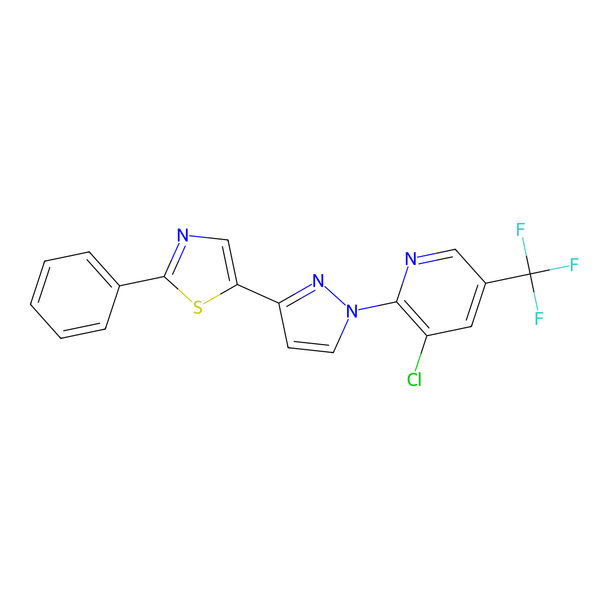 3-Chloro-2-(3-(2-phenyl-1,3-thiazol-5-yl)-1H-pyrazol-1-yl)-5-(trifluoromethyl)pyridine molecular structure, CAS 318255-90-2