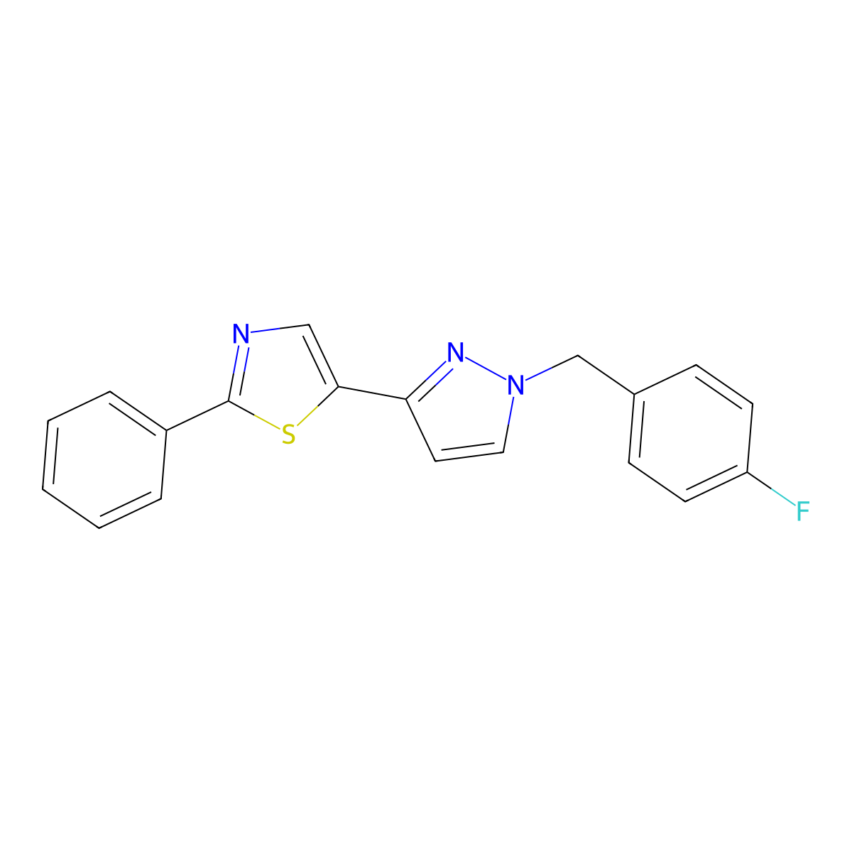 5-[1-[(4-Fluorophenyl)methyl]-3-pyrazolyl]-2-phenylthiazole molecular structure, CAS 318255-97-9