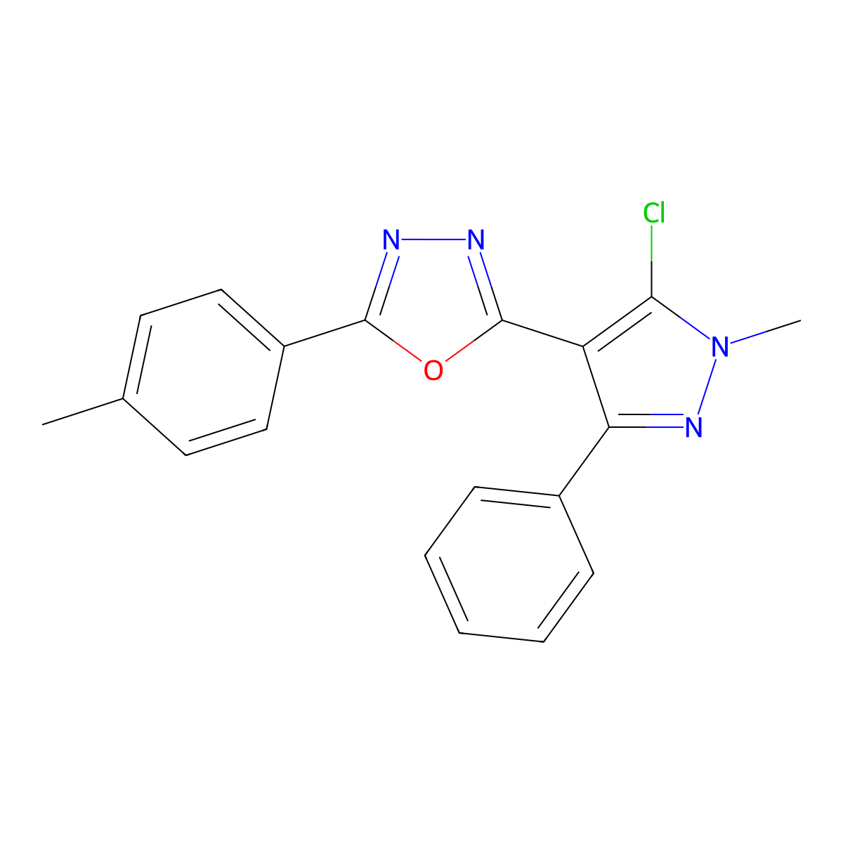 2-(5-chloro-1-methyl-3-phenyl-1H-pyrazol-4-yl)-5-(4-methylphenyl)-1,3,4-oxadiazole molecular structure, CAS 318256-01-8