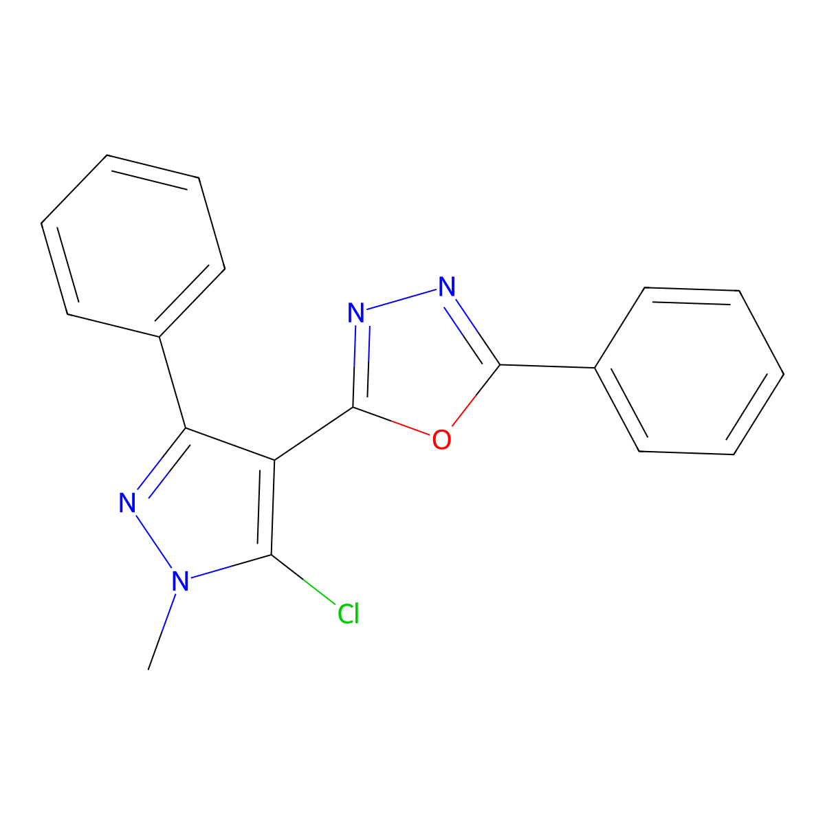 2-(5-chloro-1-methyl-3-phenyl-1H-pyrazol-4-yl)-5-phenyl-1,3,4-oxadiazole molecular structure, CAS 318256-02-9