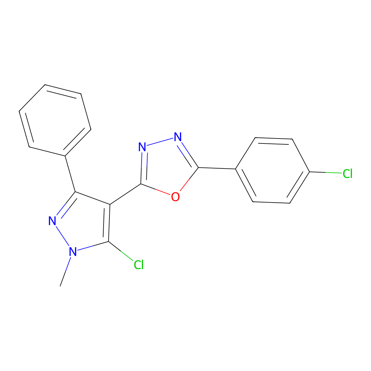2-(5-chloro-1-methyl-3-phenyl-1H-pyrazol-4-yl)-5-(4-chlorophenyl)-1,3,4-oxadiazole molecular structure, CAS 318256-03-0