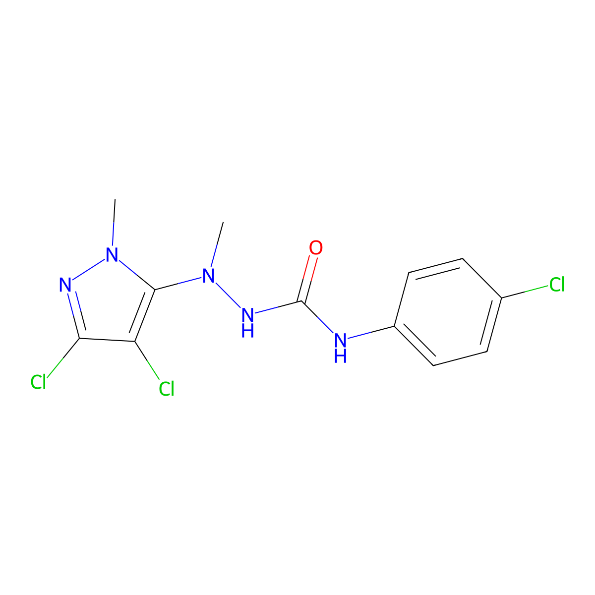 N-(4-chlorophenyl)-2-(3,4-dichloro-1-methyl-1H-pyrazol-5-yl)-2-methyl-1-hydrazinecarboxamide molecular structure, CAS 318284-27-4