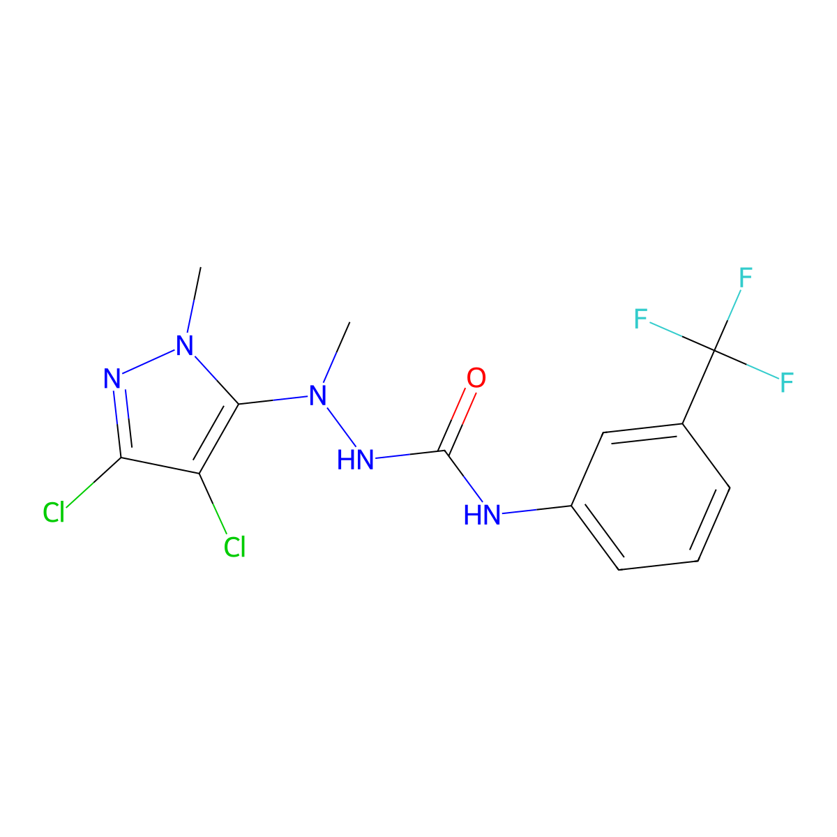 2-(3,4-dichloro-1-methyl-1H-pyrazol-5-yl)-2-methyl-N-[3-(trifluoromethyl)phenyl]-1-hydrazinecarboxamide molecular structure, CAS 318284-28-5
