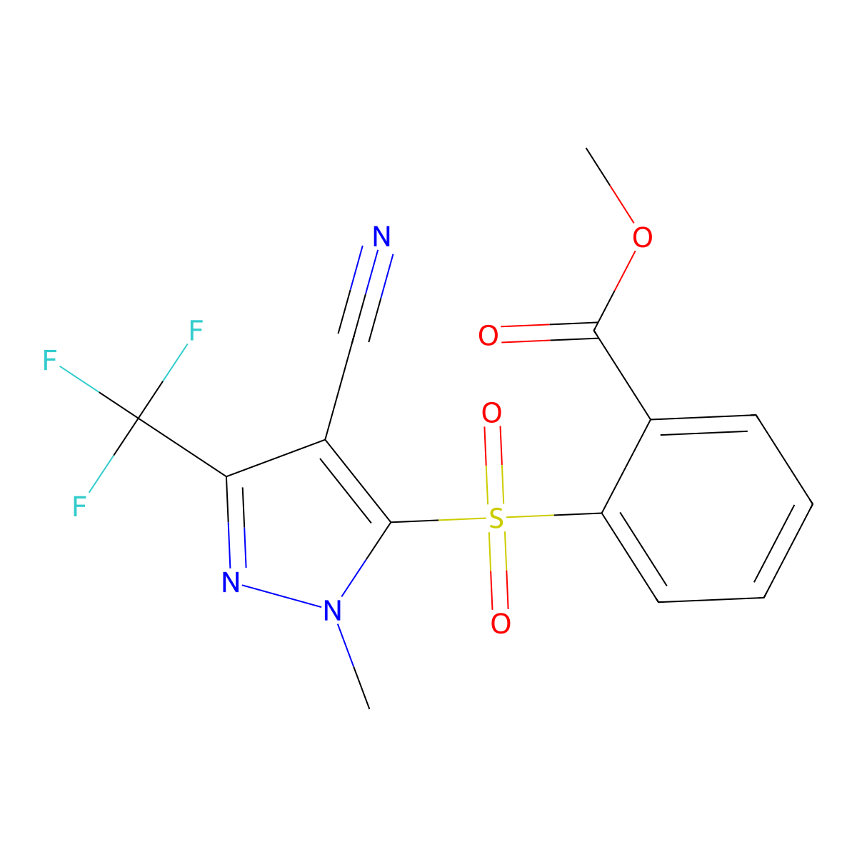methyl 2-{[4-cyano-1-methyl-3-(trifluoromethyl)-1H-pyrazol-5-yl]sulfonyl}benzenecarboxylate molecular structure, CAS 318284-62-7