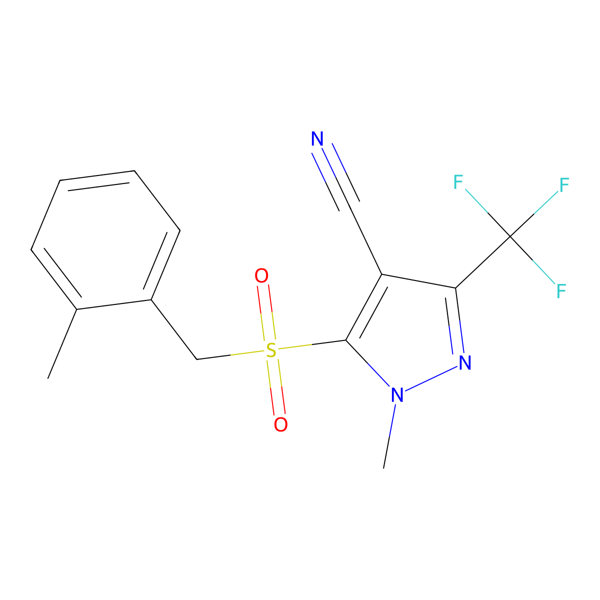 1-methyl-5-[(2-methylbenzyl)sulfonyl]-3-(trifluoromethyl)-1H-pyrazole-4-carbonitrile molecular structure, CAS 318284-65-0