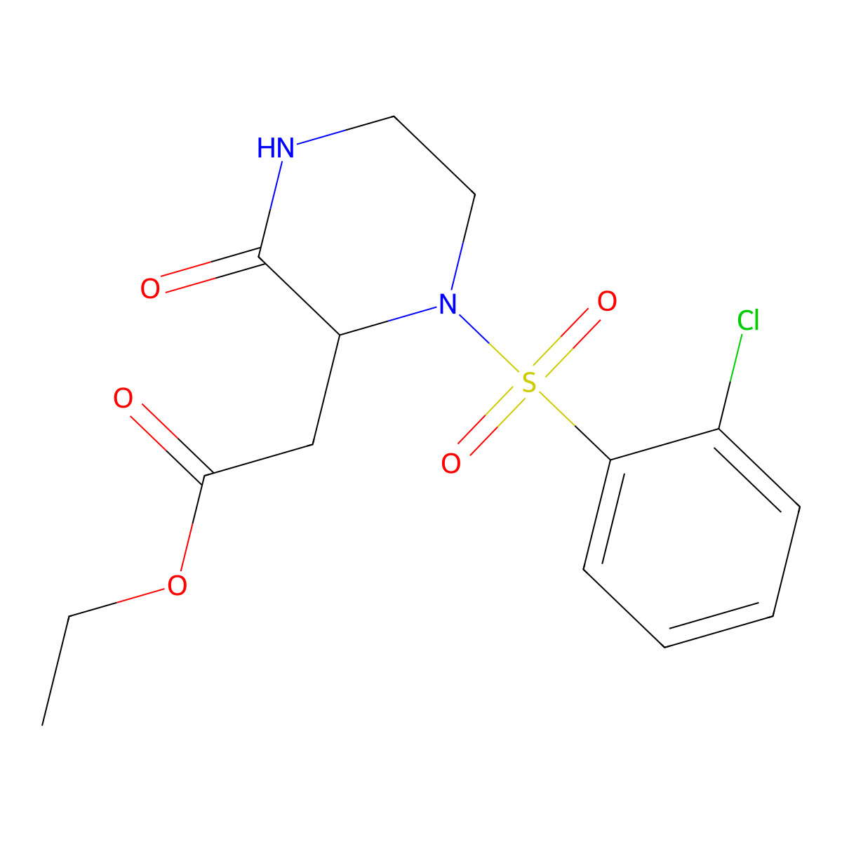 Ethyl 2-{1-[(2-chlorophenyl)sulfonyl]-3-oxo-2-piperazinyl}acetate molecular structure, CAS 318288-72-1