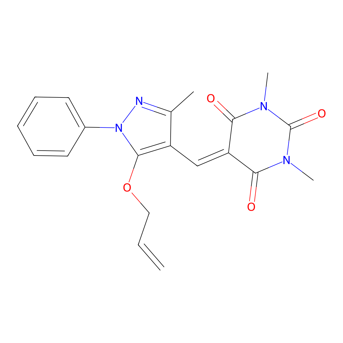 5-((5-(Allyloxy)-3-methyl-1-phenyl-1H-pyrazol-4-yl)methylene)-1,3-dimethyl-2,4,6(1H,3H,5H)-pyrimidinetrione molecular structure, CAS 318288-76-5
