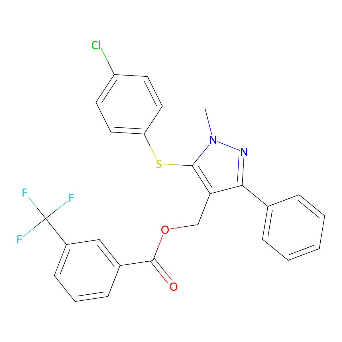 {5-[(4-chlorophenyl)sulfanyl]-1-methyl-3-phenyl-1H-pyrazol-4-yl}methyl 3-(trifluoromethyl)benzenecarboxylate molecular structure, CAS 318289-02-0