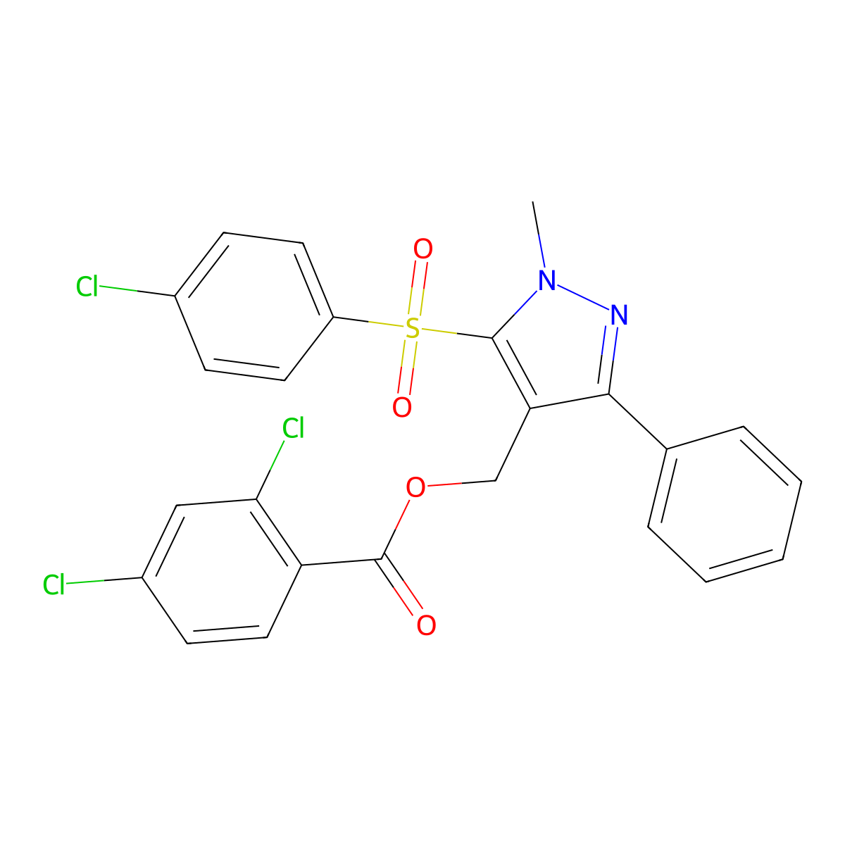 {5-[(4-chlorophenyl)sulfonyl]-1-methyl-3-phenyl-1H-pyrazol-4-yl}methyl 2,4-dichlorobenzenecarboxylate molecular structure, CAS 318289-08-6
