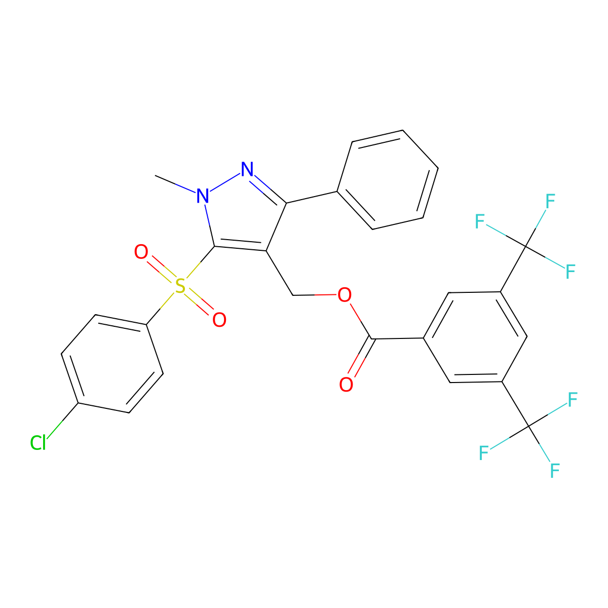 [5-(4-Chlorophenyl)sulfonyl-1-methyl-3-phenylpyrazol-4-yl]methyl 3,5-bis(trifluoromethyl)benzoate molecular structure, CAS 318289-12-2