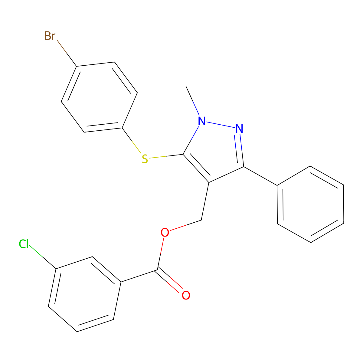 {5-[(4-bromophenyl)sulfanyl]-1-methyl-3-phenyl-1H-pyrazol-4-yl}methyl 3-chlorobenzenecarboxylate molecular structure, CAS 318289-14-4