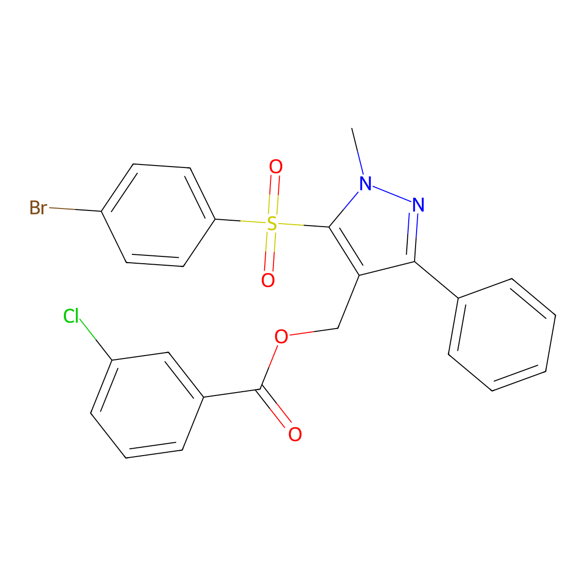 {5-[(4-bromophenyl)sulfonyl]-1-methyl-3-phenyl-1H-pyrazol-4-yl}methyl 3-chlorobenzenecarboxylate molecular structure, CAS 318289-16-6