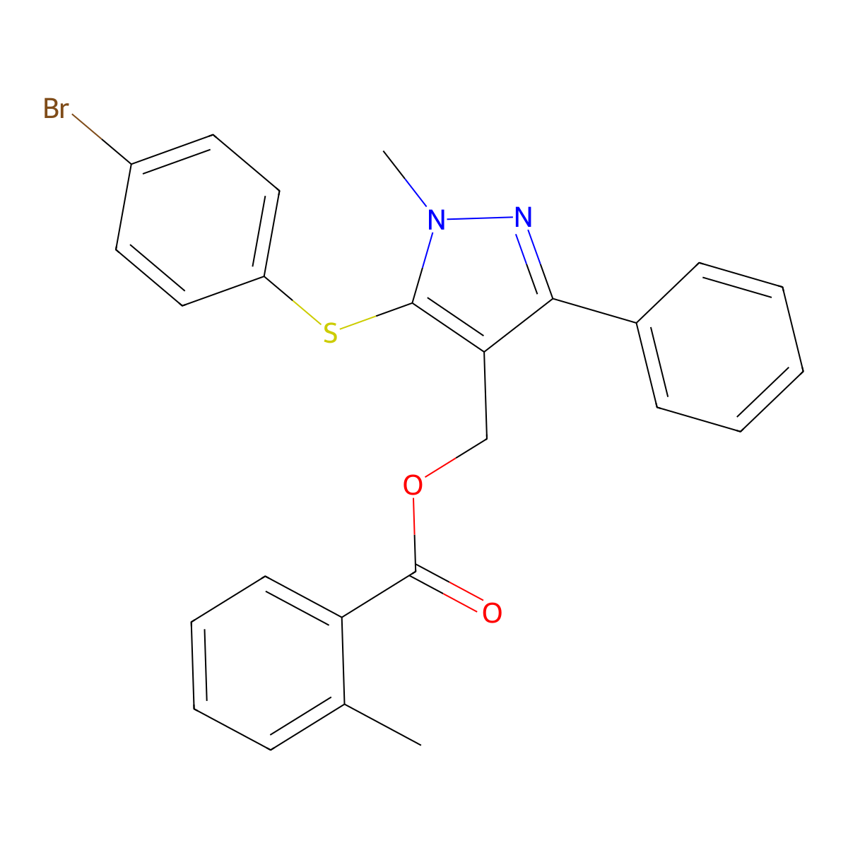 {5-[(4-bromophenyl)sulfanyl]-1-methyl-3-phenyl-1H-pyrazol-4-yl}methyl 2-methylbenzenecarboxylate molecular structure, CAS 318289-20-2
