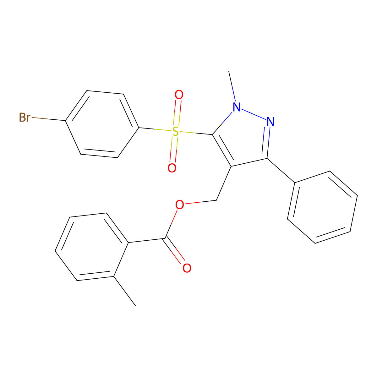 {5-[(4-bromophenyl)sulfonyl]-1-methyl-3-phenyl-1H-pyrazol-4-yl}methyl 2-methylbenzenecarboxylate molecular structure, CAS 318289-22-4