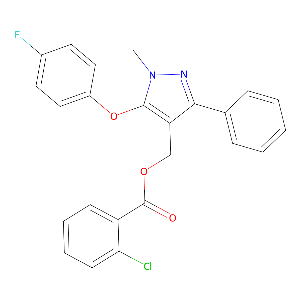 [5-(4-fluorophenoxy)-1-methyl-3-phenyl-1H-pyrazol-4-yl]methyl 2-chlorobenzenecarboxylate molecular structure, CAS 318289-26-8