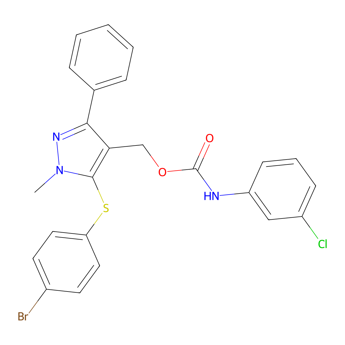 {5-[(4-bromophenyl)sulfanyl]-1-methyl-3-phenyl-1H-pyrazol-4-yl}methyl N-(3-chlorophenyl)carbamate molecular structure, CAS 318289-28-0