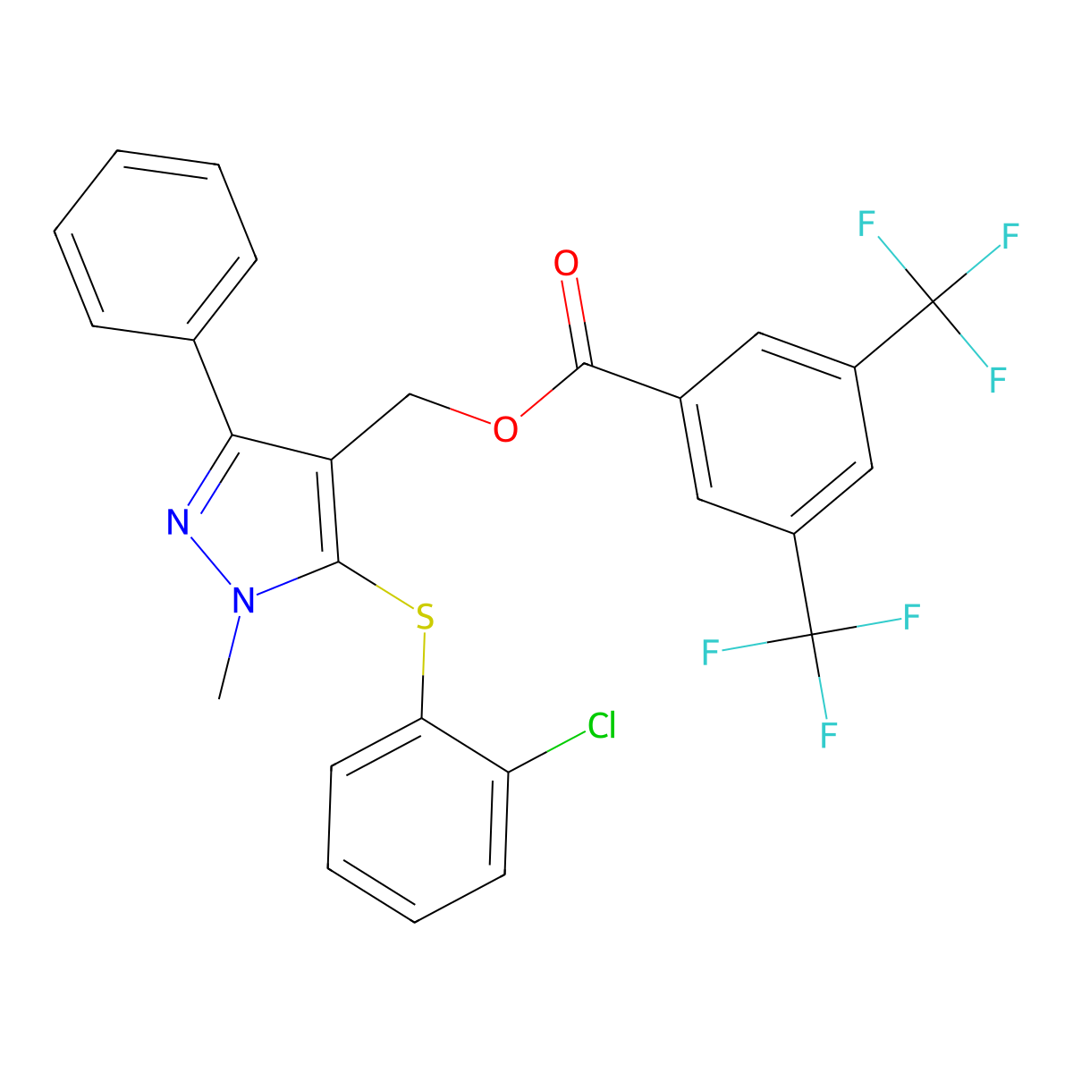 {5-[(2-chlorophenyl)sulfanyl]-1-methyl-3-phenyl-1H-pyrazol-4-yl}methyl 3,5-bis(trifluoromethyl)benzenecarboxylate molecular structure, CAS 318289-58-6