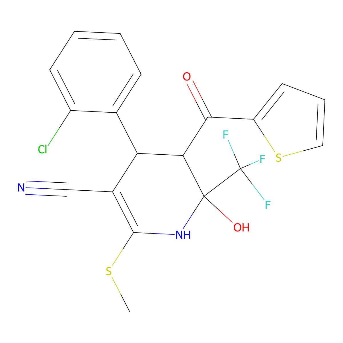4-(2-Chlorophenyl)-6-hydroxy-2-(methylthio)-5-(thiophene-2-carbonyl)-6-(trifluoromethyl)-1,4,5,6-tetrahydropyridine-3-carbonitrile molecular structure, CAS 318466-11-4