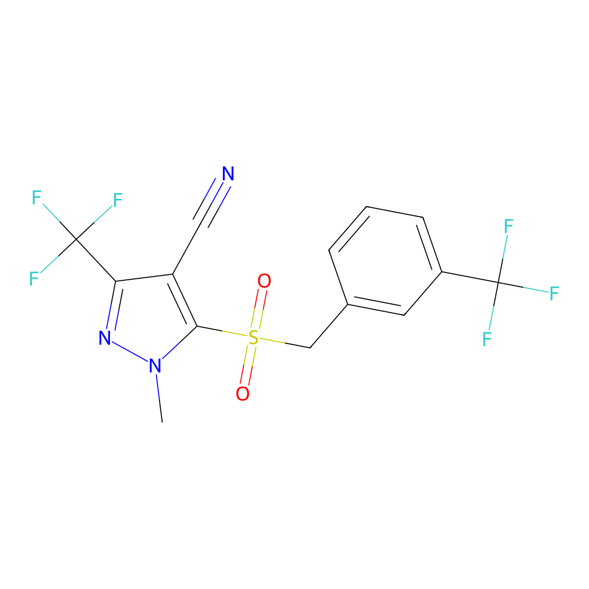 1-methyl-3-(trifluoromethyl)-5-{[3-(trifluoromethyl)benzyl]sulfonyl}-1H-pyrazole-4-carbonitrile molecular structure, CAS 318469-14-6