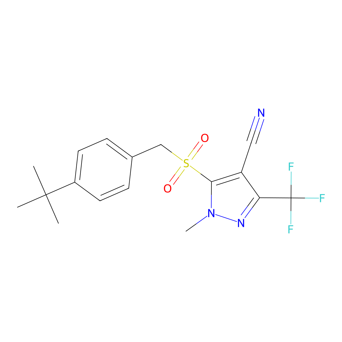 5-{[4-(tert-butyl)benzyl]sulfonyl}-1-methyl-3-(trifluoromethyl)-1H-pyrazole-4-carbonitrile molecular structure, CAS 318469-15-7