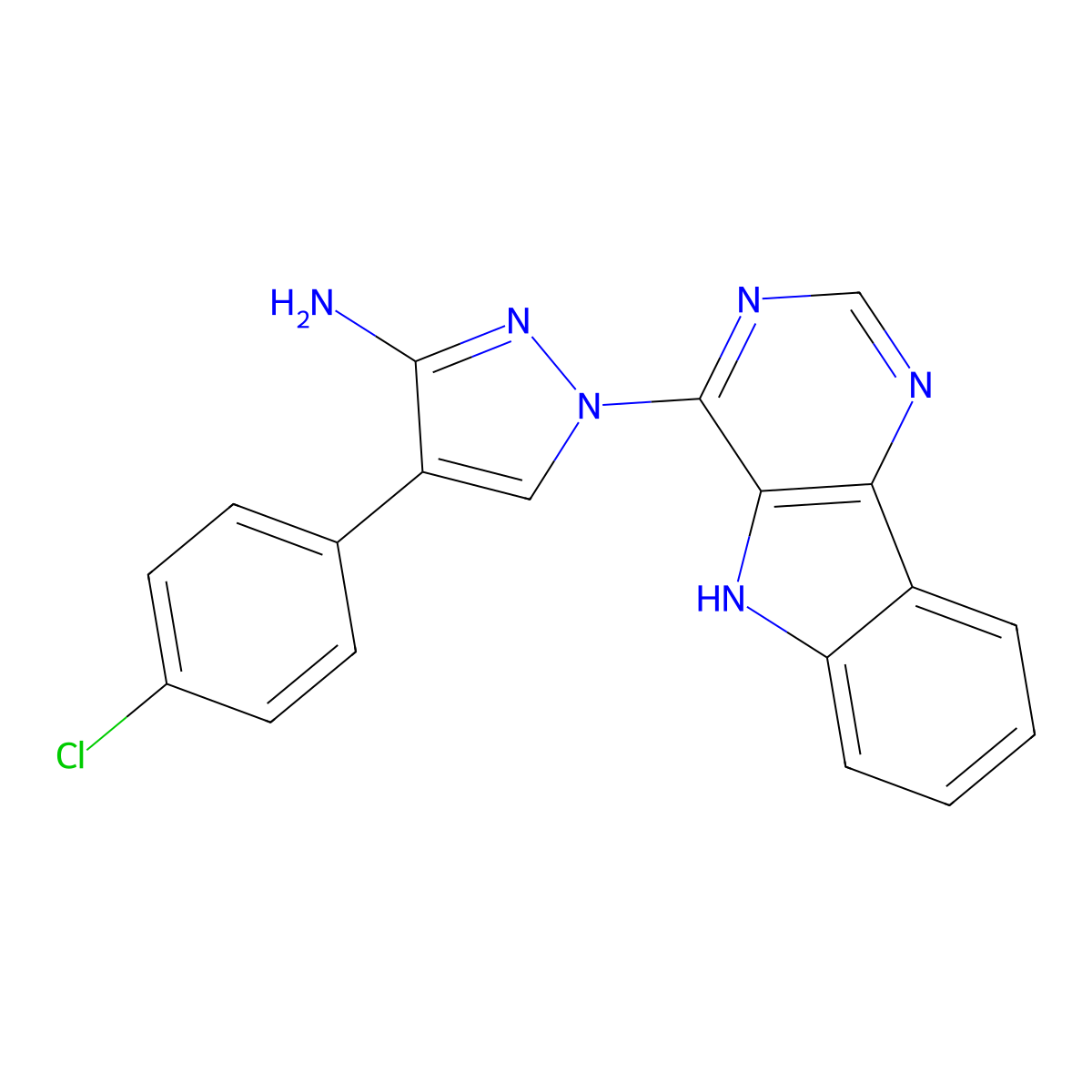 4-(4-chlorophenyl)-1-(5H-pyrimido[5,4-b]indol-4-yl)-1H-pyrazol-3-amine molecular structure, CAS 318469-18-0